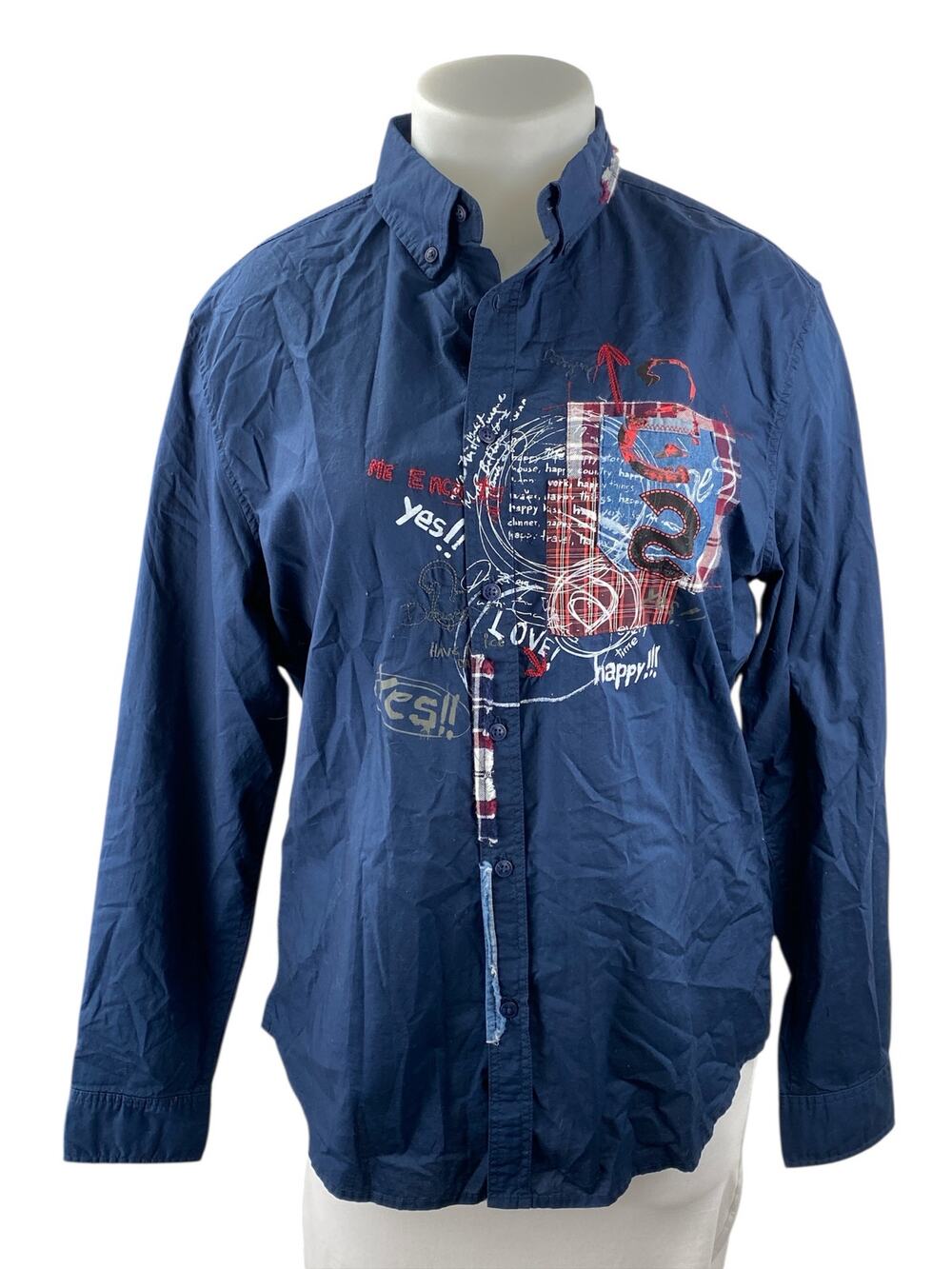 Desigual Women's Blue Long Sleeve Patchwork Pocket Button Down Shirt Top Size XL